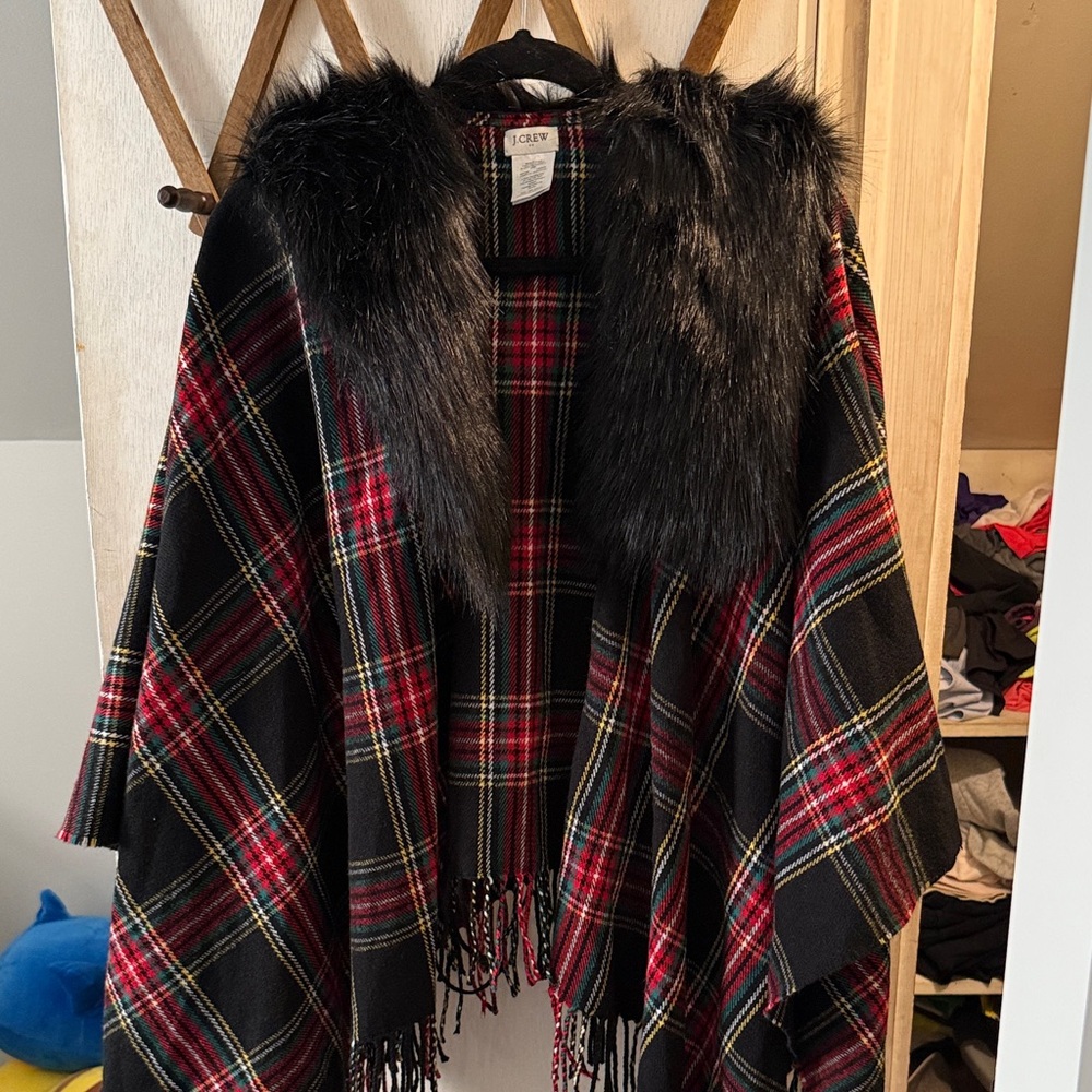 J. Crew Red and Black Plaid Poncho with Faux Fur